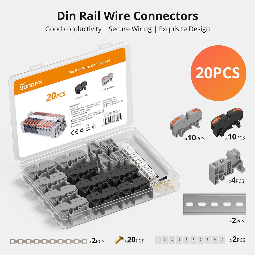 Sonoff DIN Rail Wire Connectors (20 pcs) - This DIN rail terminal block kit makes wiring up distribution boards and control cabinets faster and more straightforward.