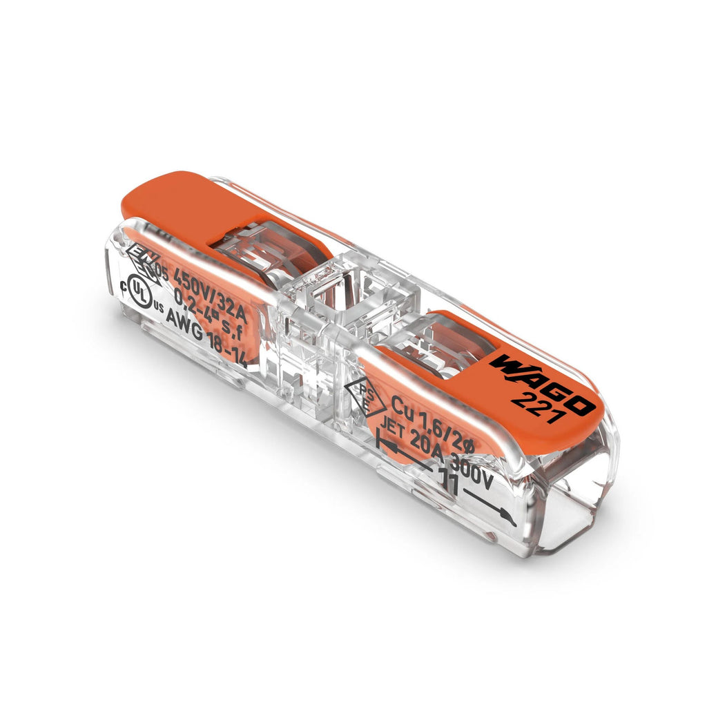 WAGO Inline Splicing Connector - These clever lever connectors can be used to join wires together without any soldering. They're suitable for inline connection of solid, stranded and fine-stranded conductors from 0.2 to 4 mm² (24–14 AWG).