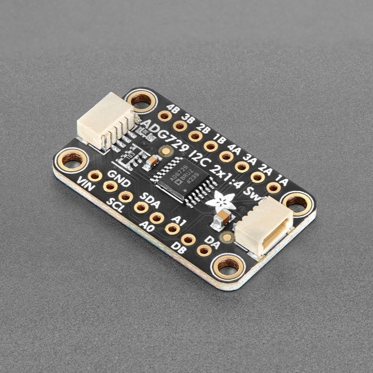 Adafruit ADG729 Dual 1-to-4 Analog Matrix Switch - Analog switches are a solid state alternative to relays, when you want a smaller, lower-power technology that won't wear out mechanically. And, as the name implies, you can use the Adafruit ADG729 Dual 1-to-4 Analog Matrix Switches to connect between two sets of four analog signals, much like 8 mechanical switches. These chips tend to be tiny surface mount parts, so this breakout will let anyone use the ADG729 switch for signals up to 5V, without fiddly soldering.