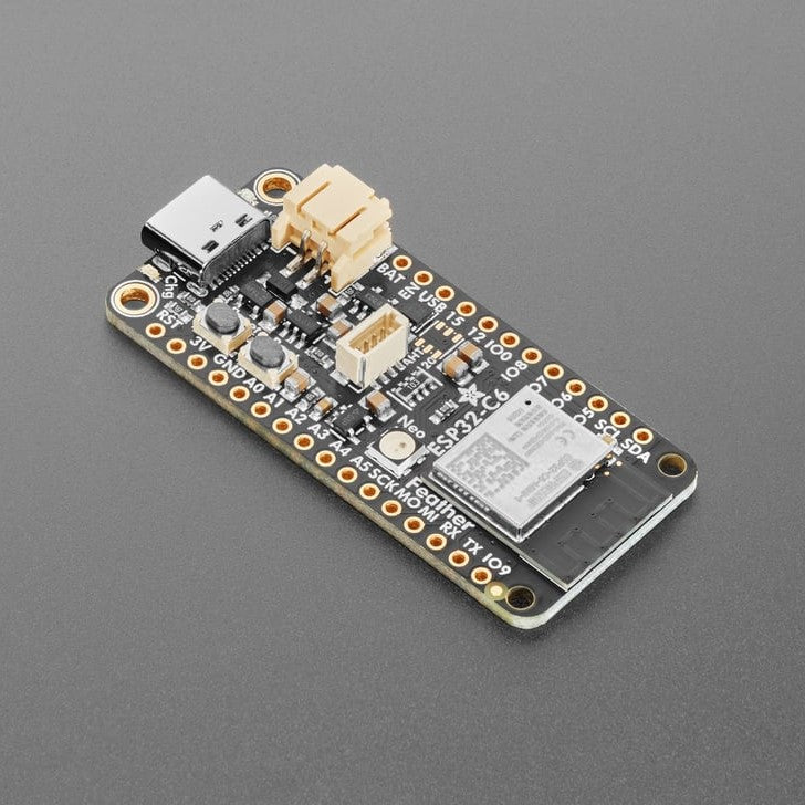 Adafruit ESP32-C6 Feather - The ESP32-C6 is Espressif’s first Wi-Fi 6 SoC integrating 2.4 GHz Wi-Fi 6, Bluetooth 5 (LE) and the 802.15.4 protocol. It brings the goodness you know from the low-cost C3 series and improves it with Zigbee/802.15.4 at 2.4Ghz. That means it could make for great Matter development hardware!
