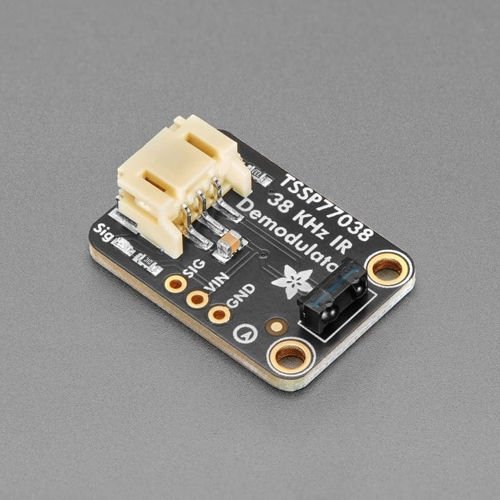 Adafruit TSSP77038 38KHz Infrared IR Demodulator Breakout - STEMMA JST PH 2mm - While designing our IR decoding breakout we noticed the TSSP series of chips from Vishay, these are simpler than more 'remote control' receivers in that they don't do any filtering on the codes received: you really just get the demodulated-from-38KHz-signal output.