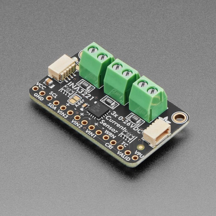 Adafruit INA3221 - Triple 0-26 VDC, ±3.2 Amp Power Monitor - This breakout board will solve all your multi-rail power-monitoring problems. Instead of struggling with up to 6 multimeters, you can just use the handy INA3221 chip on this breakout to both measure both the high side voltage and DC current draw of up to three power supplies over I2C with ±1% precision.