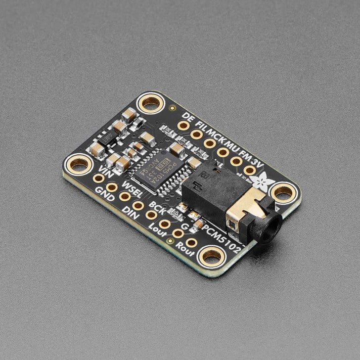 Adafruit PCM5102 I2S DAC with Line Level Output - 112dB SNR - This I2S DAC breakout provides clean, excellent-quality, stereo audio without any MCLK or I2C configuration.