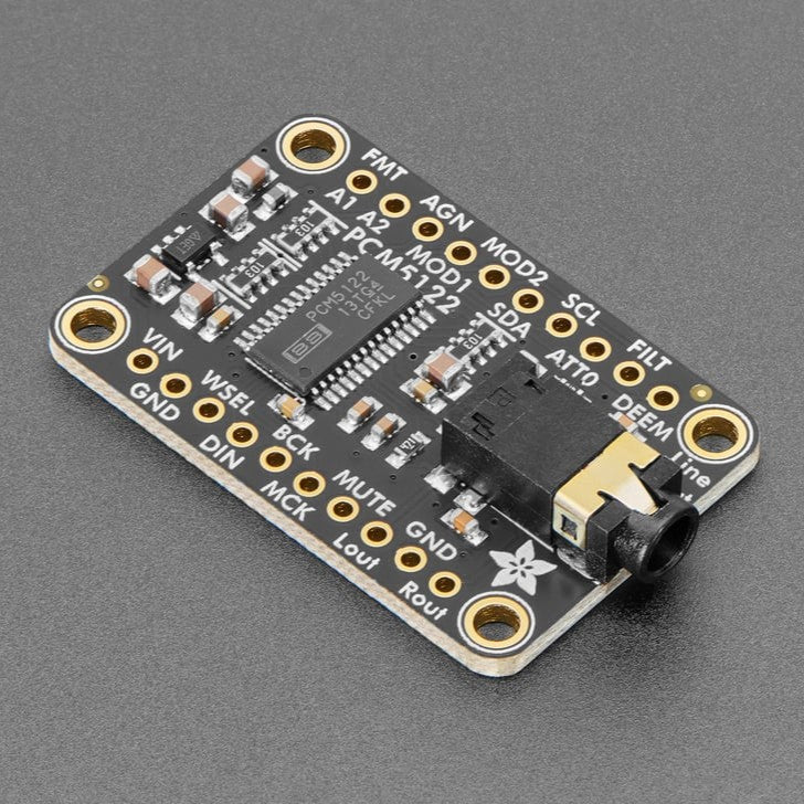 Adafruit PCM5122 I2S DAC with Line Level Output - HW, I2C or SPI - This I2S DAC breakout provides clean, excellent-quality, stereo audio. It supports hardware, I2C and SPI modes.