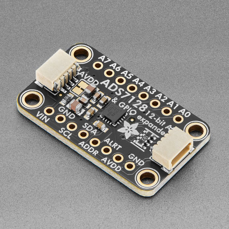 Adafruit ADS7128 8-Channel ADC and GPIO Expander - STEMMA QT / Qwiic - The Adafruit ADS7128 8-Channel ADC and GPIO Expander is a bit of a Platypus of the I2C expander world: hard to categorize as just an ADC or a GPIO expander since it combines the capabilities of both with great capabilites! Usually, you only get ADC or I/O so it's nice to see this combo product.