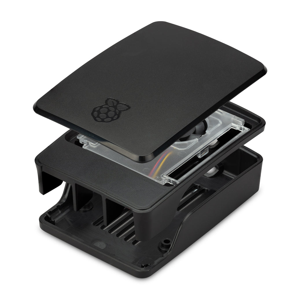 Raspberry Pi 5 Official Case with Fan - The official Raspberry Pi Case for Raspberry Pi 5 is a clip-together four-part enclosure with an active cooling fan. It keeps your Raspberry Pi 5 at a comfortable operating temperature even under heavy load.