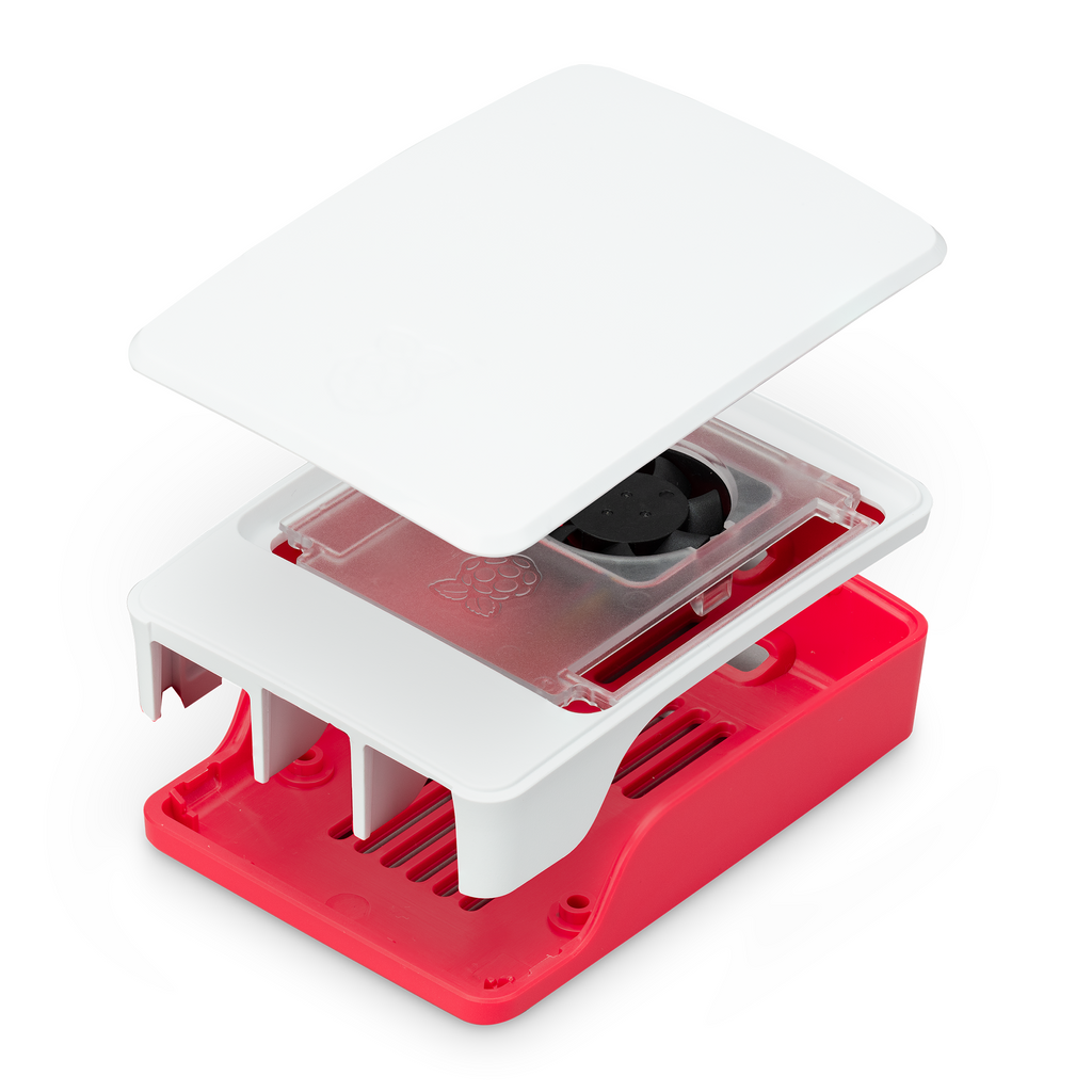 Raspberry Pi 5 Official Case with Fan - The official Raspberry Pi Case for Raspberry Pi 5 is a clip-together four-part enclosure with an active cooling fan. It keeps your Raspberry Pi 5 at a comfortable operating temperature even under heavy load.