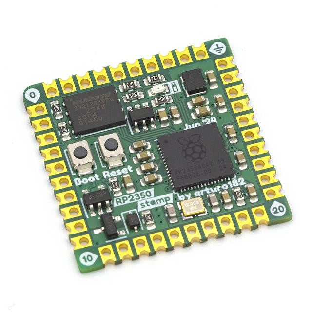 RP2350 Stamp - A hand-solderable RP2350A module with 16MB FLASH, LiPo charging, reset/boot buttons, and all GPIO broken out.