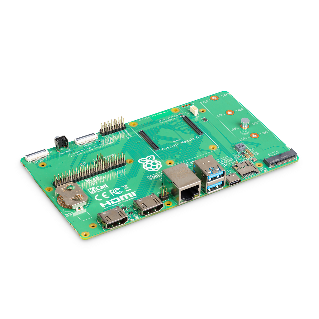 Raspberry Pi Compute Module 5 IO Board - The Raspberry Pi Compute Module 5 IO Board breaks out every interface from a Compute Module 5. It provides a development platform and reference baseboard, reducing the time to market for Compute Module 5 based designs.