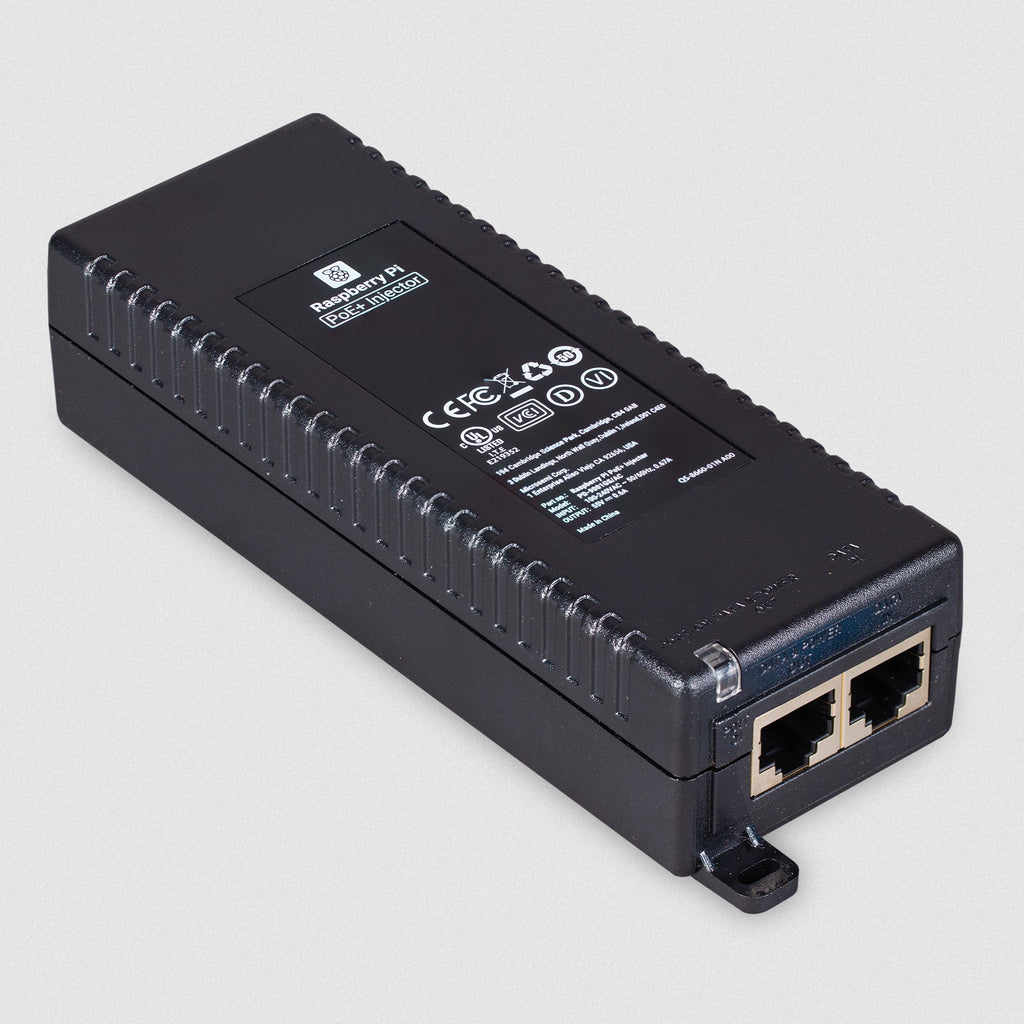 Raspberry Pi PoE+ Injector - A single port 30W Injector enabling Power Over Ethernet supply to PoE enabled Raspberry Pi boards.