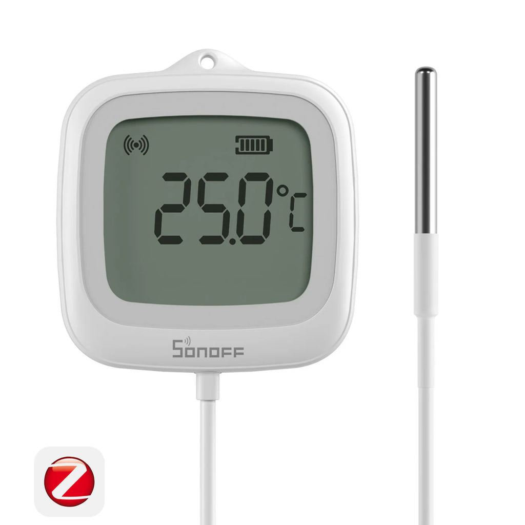 Sonoff Waterproof Zigbee LCD Smart Thermometer (Probe Version) - This waterproof Zigbee thermometer is IP65 rated and has a 1.5m probe - perfect for monitoring conditions in liquids or in enclosed spaces.