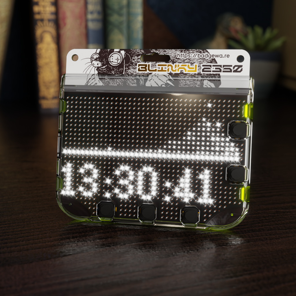 Badgeware Blinky - A smart interactive badge with bright white LED matrix display, powered by Raspberry Pi RP2350.