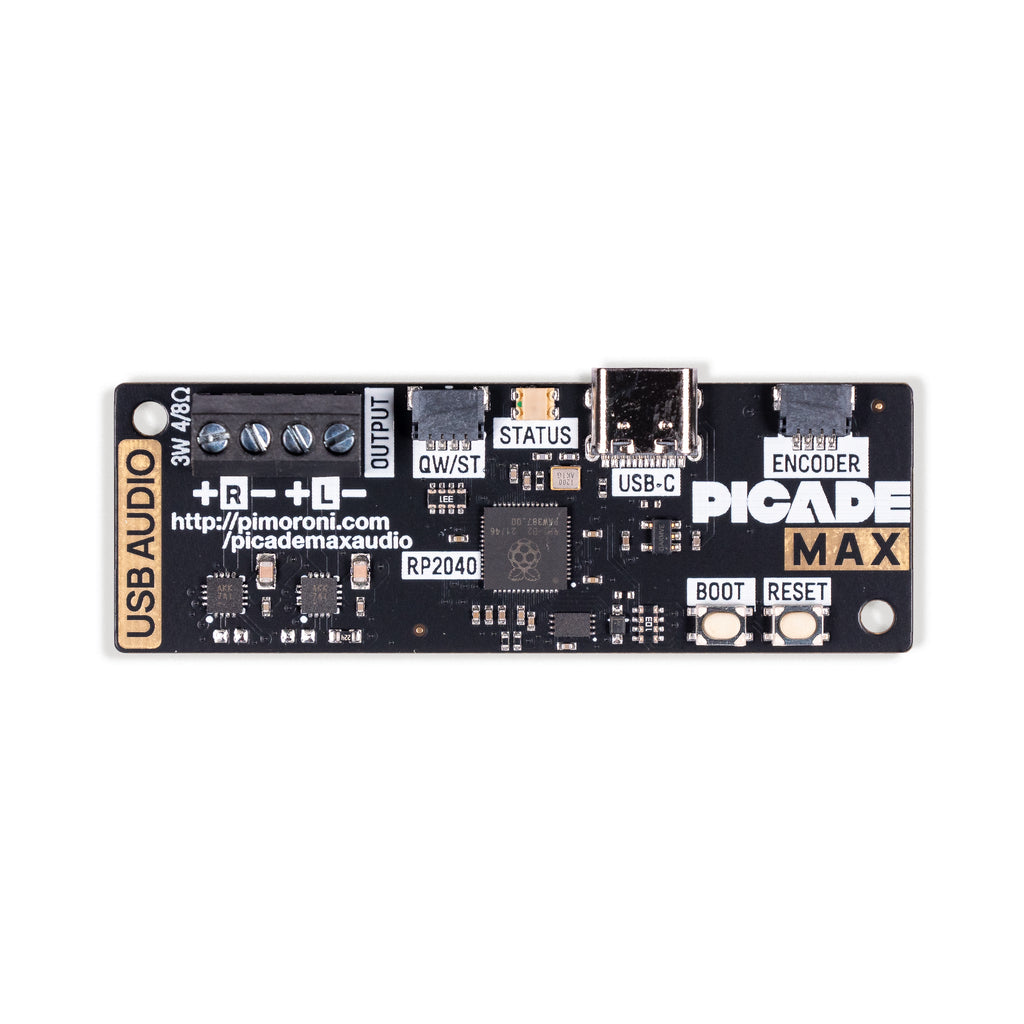 Picade Max USB Audio - Connect a pair of small speakers up to a Raspberry Pi (or other computer) easily with this RP2040-powered USB-C sound card/3W stereo amplifier.