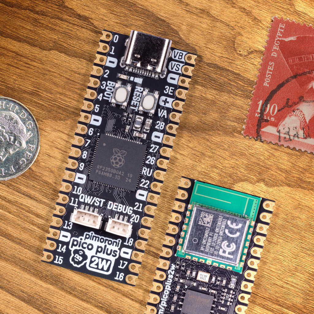 Pimoroni Pico Plus 2 W - A top of the line Pirate-brand RP2350 microcontroller with all the goodies - 16MB of flash, 8MB of PSRAM, USB-C, Qw/ST and 2.4GHz wireless / Bluetooth.