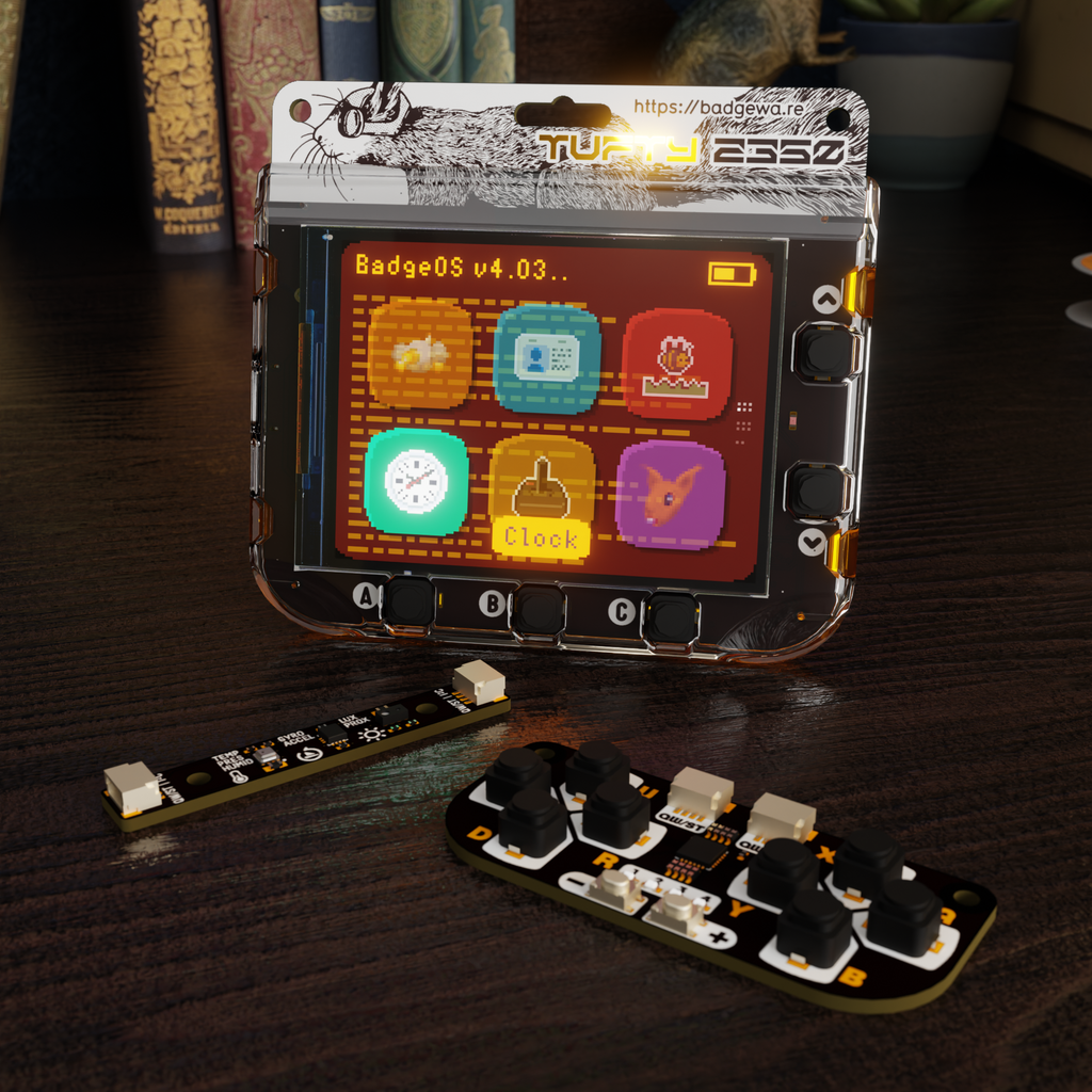 Badgeware Tufty - A smart interactive badge with colour 2.8" TFT display, powered by Raspberry Pi RP2350.