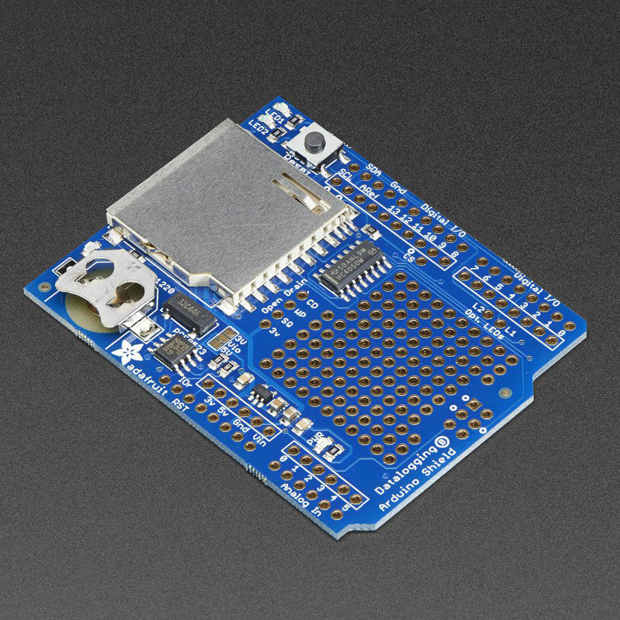 Adafruit Assembled Data Logging shield for Arduino - Here's a dedicated and well-designed data logging shield. Adafruit worked hard to engineer an inexpensive but well-rounded design. Not only is it easy to assemble and customize, it also comes with great documentation and libraries.