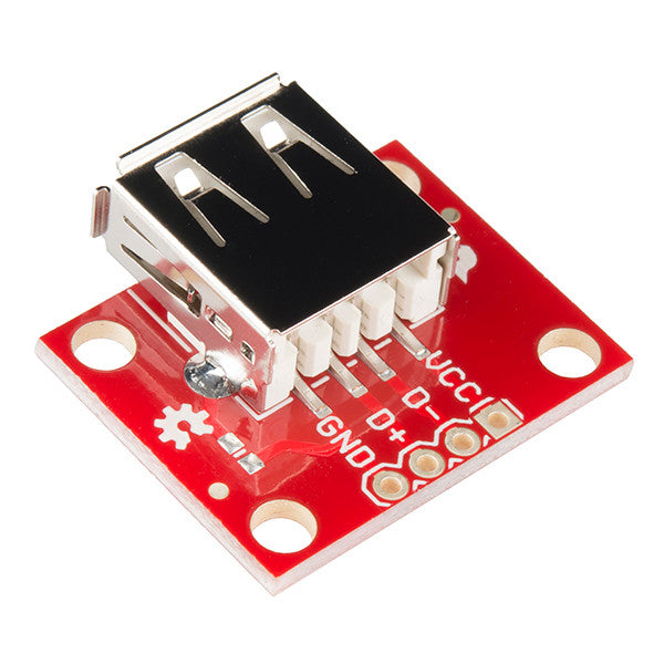 SparkFun USB Type A Female Breakout - This simple board breaks out a female USB type A connector’s VCC, GND, D- and D+ pins to a 0.1" pitch header. If you want to add a USB to your project, but don’t want to put up with soldering tiny connectors, this is the board for you.