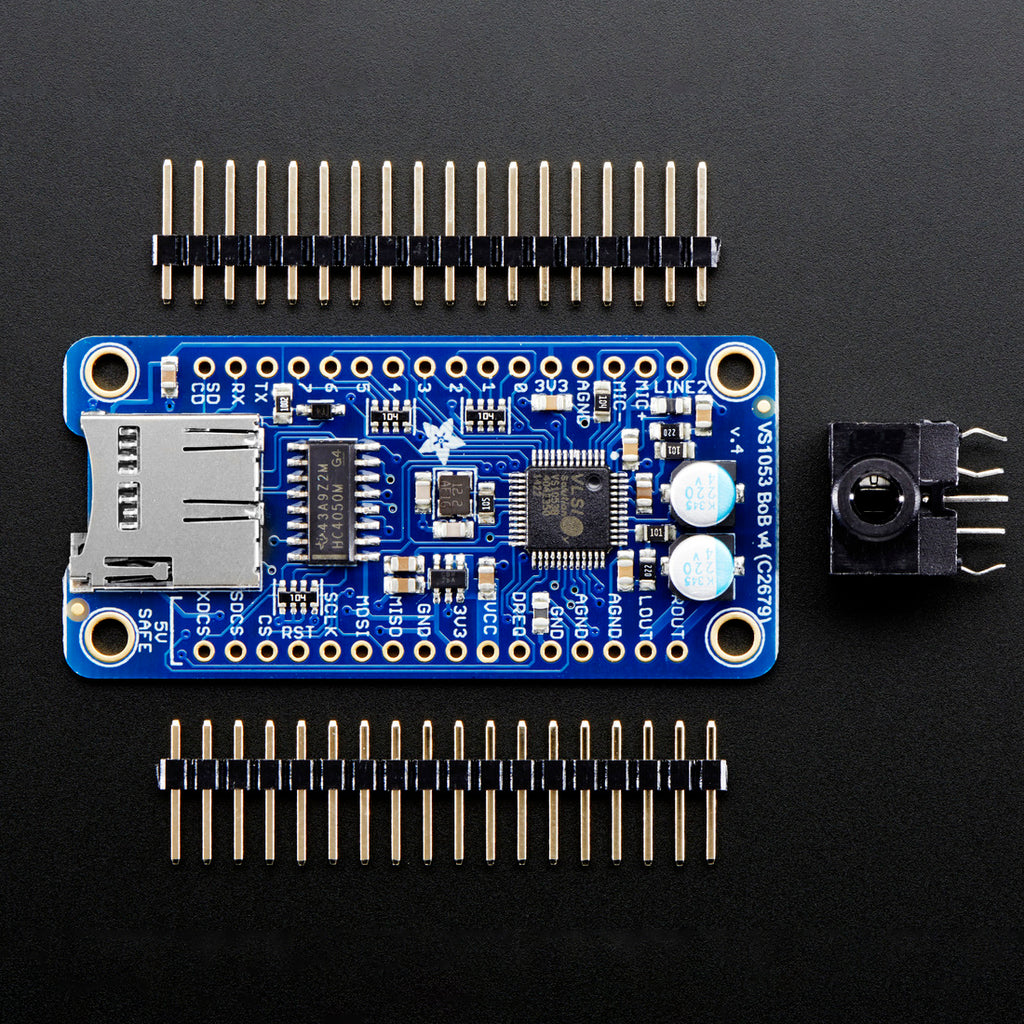 VS1053 Codec + MicroSD Breakout - MP3/WAV/MIDI/OGG Play + Record - v4 - This breakout board is the ultimate companion for the VLSI VS1053B DSP codec chip. The VS1053 can decode a wide variety of audio formats such as MP3, AAC, Ogg Vorbis, WMA, MIDI, FLAC, WAV (PCM and ADPCM).