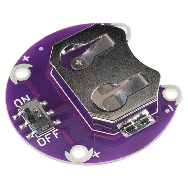LilyPad Coin Cell Battery Holder - Switched - 20mm - Sure, your flashing, chip-tune playing T-shirt is really cool at the party… but at some point you need to turn it off. And yes, you could just pull the battery, or maybe you’ve even sewn a LilyPad slide switch in-line. Wouldn’t it be nice if there was just a switch on the battery? Well, look no further.