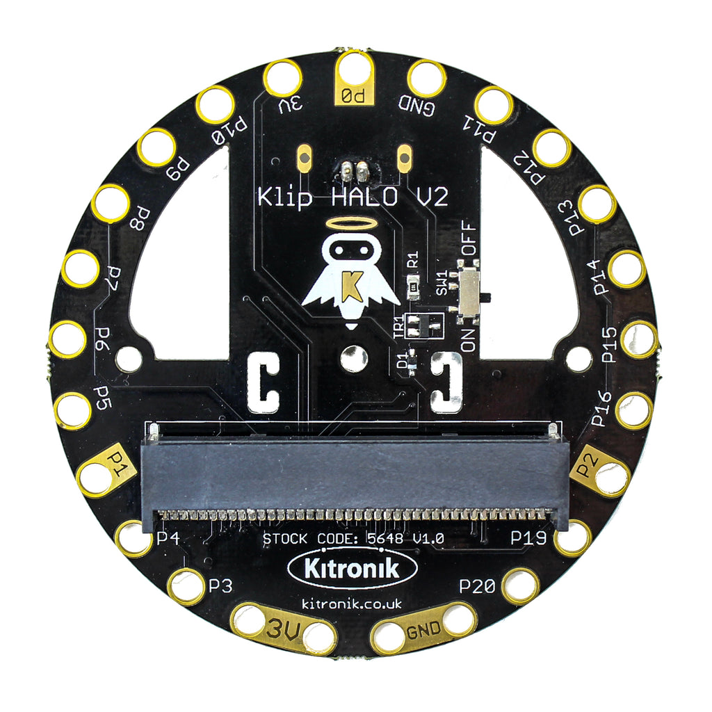 Kitronik Klip Halo V2.0 with JST - The JST Version Klip Halo V2.0 board for the BBC micro:bit breaks out each of the 19 GPIO pins from the BBC micro:bit, with easily accessible, clearly marked connection points compatible with both crocodile clips and 4mm banana plugs.