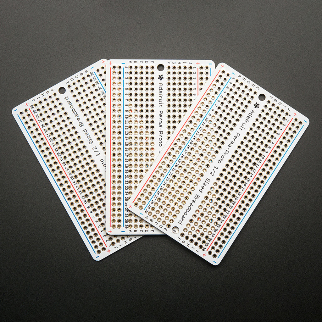 Adafruit Perma-Proto Breadboard PCB - 3 Pack! - This proto-board is the PCB you always wish you had, but never realized it! Adafruit took the basic layout of a quarter-sized breadboard (basically, a 'tiny' breadboard plus power rails) and turned that into a beautiful PCB.