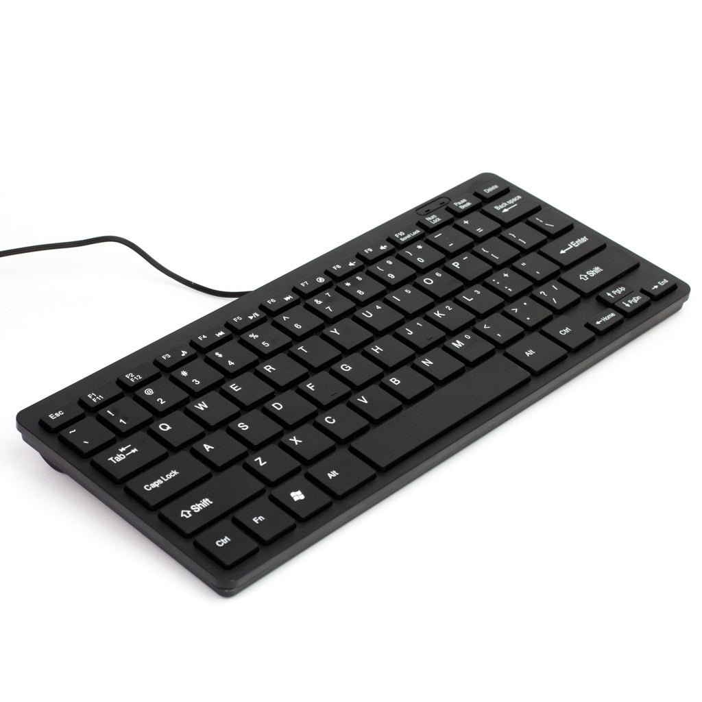 Slim Chiclet Keyboard - A compact wired keyboard with Chiclet style key layout. This is by far our favourite little keyboard for toting around with a Raspberry Pi!