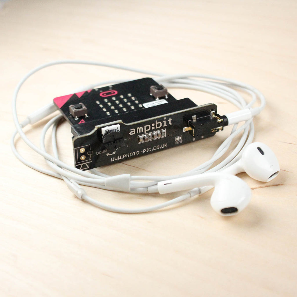 Amp:bit class D amplifier for micro:bit with headphone jack - The Amp:bit is the easiest way to connect a speaker or headphones to your micro:bit.
