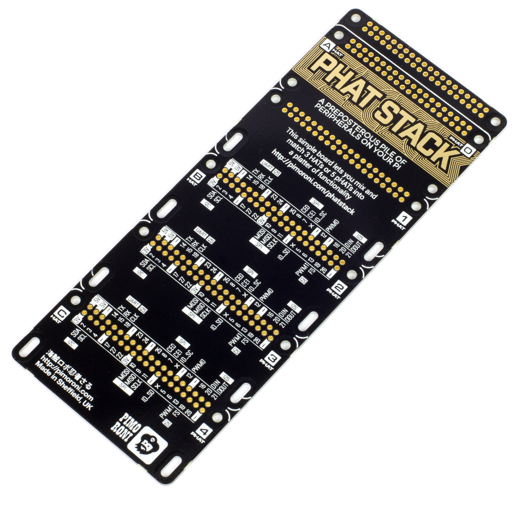 pHAT Stack - A preposterous pile of peripherals on your Pi! Mix and match 3 HATs or 5 pHATs into a platter of functionality. Use pHAT Stack for specific setups and projects, or just as a handy way to use several HATs or pHATs at once.