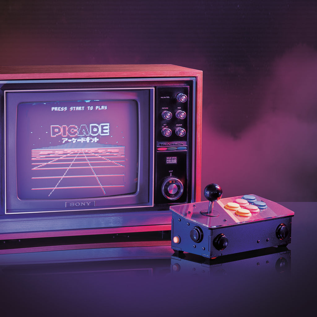 Picade Console - Power-up your TV with Picade Console! It's a compact, Raspberry Pi-powered retro games machine with authentic arcade controls that plugs right into your TV, monitor, or other HDMI display.