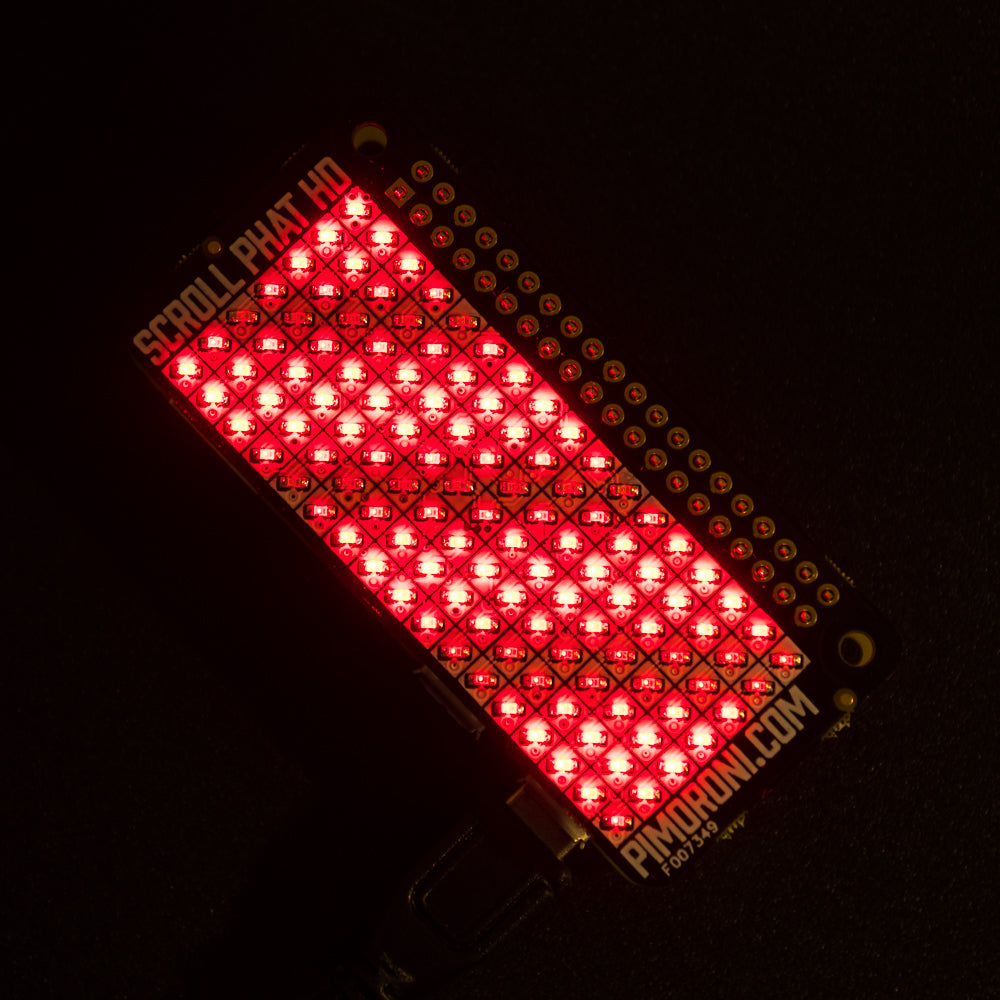 Scroll pHAT HD - A whole heap of LED pixels with individual brightness control, for scrolling messages, animations, and more - Scroll pHAT HD!