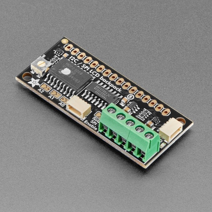 Adafruit I2C / SPI character LCD backpack - LCD backpacks reduce the number of pins needed to connect to an LCD. LCDs are a fun and easy way to have your microcontroller project talk back to you.