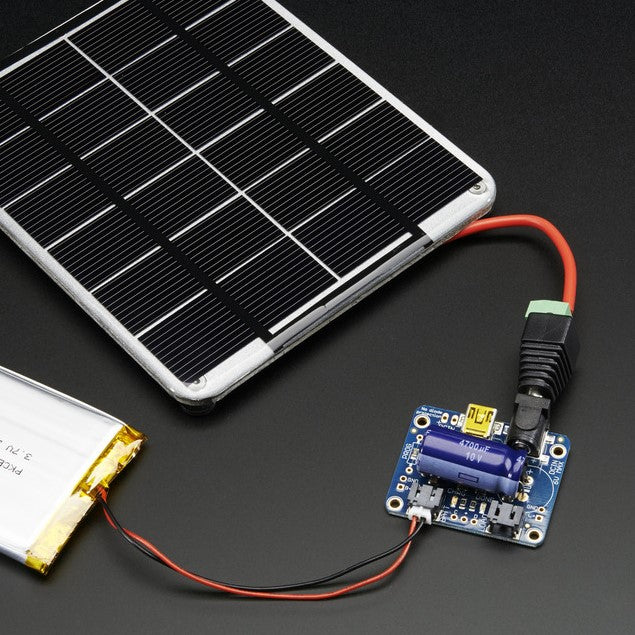 USB / DC / Solar Lithium Ion/Polymer charger - Rev C - Make your projects to go green this summer with Adafruit's specialized USB/Solar Lithium Ion Polymer Battery charger! This charger is a very unique design, perfect for outdoor projects, or DIY iPod chargers. They've spent over a year testing and tinkering with this charger to come up with a plug and play solution to charging batteries with the sun.