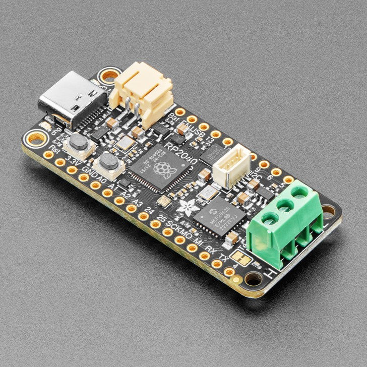 Adafruit RP2040 CAN Bus Feather with MCP2515 CAN Controller (STEMMA QT) - If you'd like quickly get started with CAN bus interfacing, with no soldering required, Adafruit RP2040 CAN Bus Feather comes ready-to-rock with a microcontroller, CAN chipset, and terminal blocks for instant gratification.