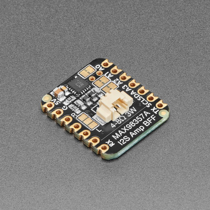 Adafruit I2S Amplifier BFF Add-On for QT Py and Xiao - QT Py/Xiao boards are a great way to make very small microcontroller projects that pack a ton of power - and now Adafruit have a way for you to add a I2S 3 Watt amplifier, for high quality audio playback, that can fit on the back of your miniature dev board. It uses just three GPIO pins that do not intersect with the I2C/UART or SPI port.