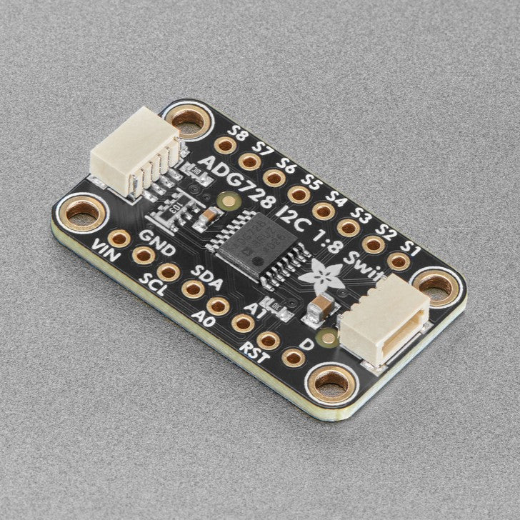 Adafruit ADG728 1-to-8 Analog Matrix Switch - Analog switches are a solid state alternative to relays, when you want a smaller, lower-power technology that won't wear out mechanically. And, as the name implies, you can use the Adafruit ADG728 1-to-8 Analog Matrix Switch to connect between eight analog signals, much like a set of 8 mechanical switches. These chips tend to be tiny surface mount parts, so this breakout will let anyone use the ADG728 switch for signals up to 5V, without fiddly soldering.