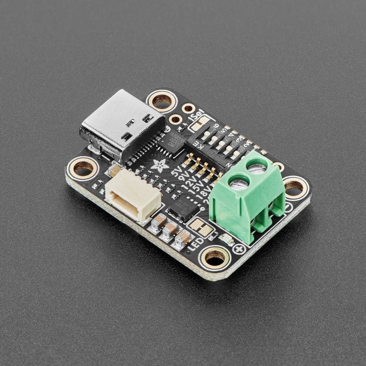 Adafruit USB Type C Power Delivery Dummy - I2C or Switchable - HUSB238 - The HUSB238 USB PD sink chip is neat in that you can either use switches (really, resistor selection) to set the desired PD voltage or use I2C for dynamic querying and setting.