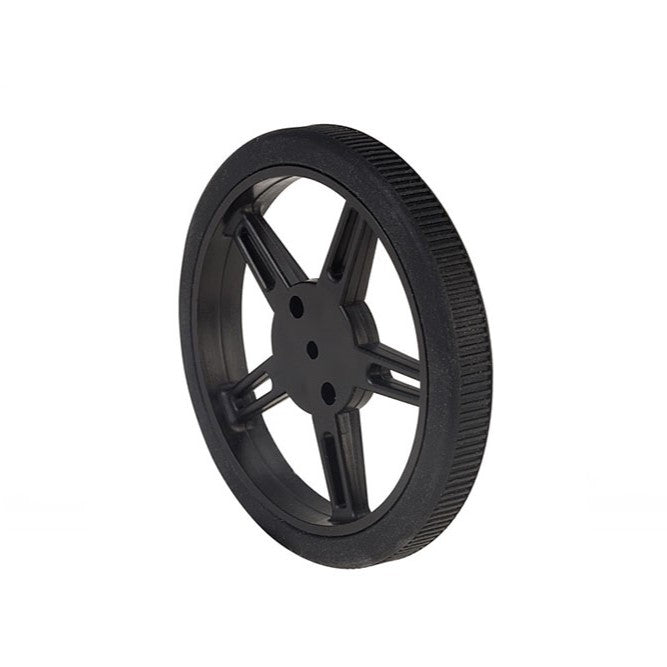 Wheel for Continuous Rotation Servo - A 80mm black plastic wheel with grippy silicon tyre, great for lightweight robotics projects.