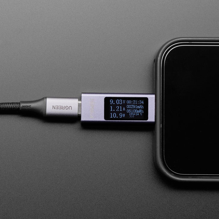 Mini OLED USB C Power Analyzer - This mini USB-C power meter lets you monitor voltages, amps and watts in real time on its 18x10mm OLED display.
