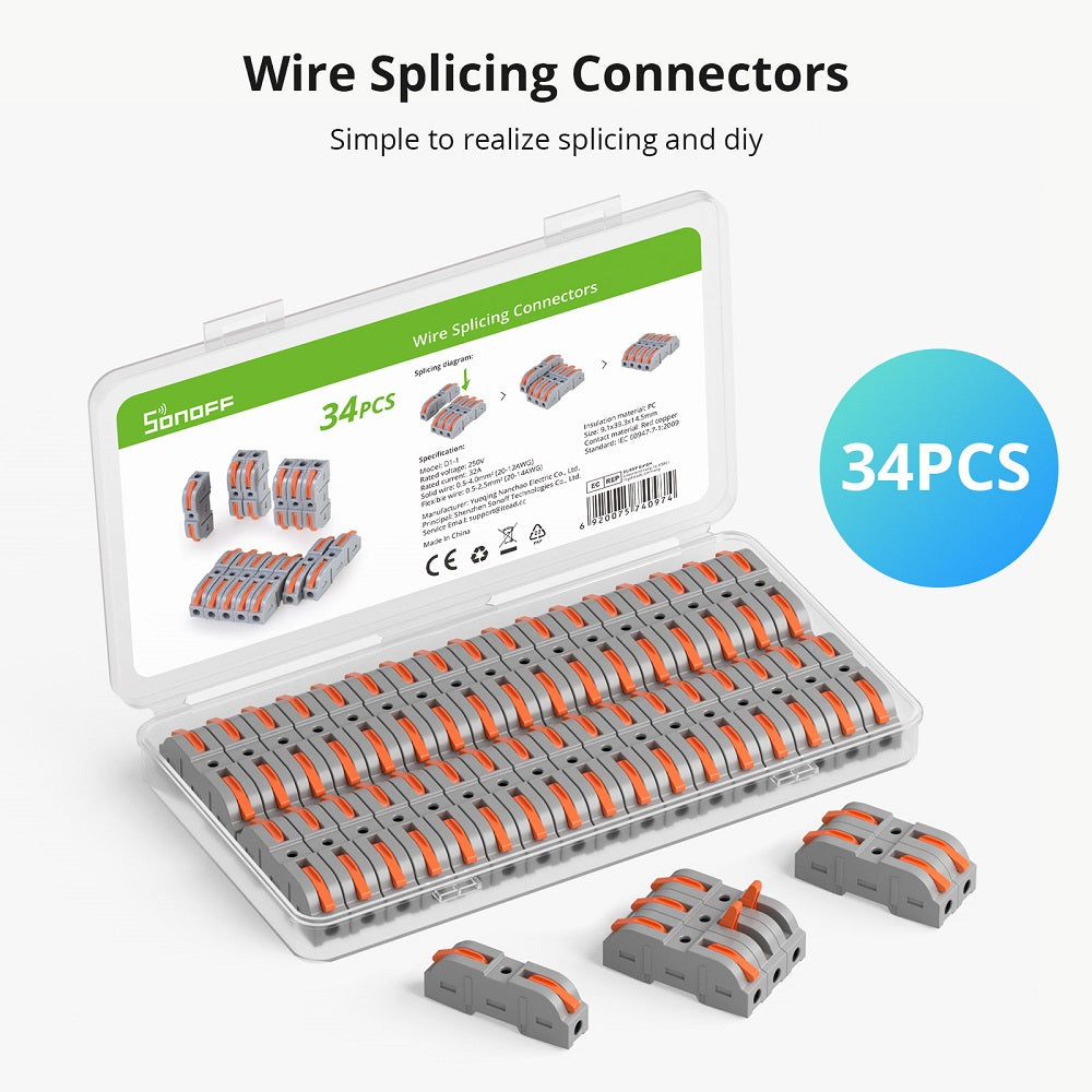 Sonoff Wire Splicing Connectors (34 pcs) - These clever wire splicing connectors make joining wires easier, faster, and far less fiddly than with traditional screw terminals or soldering.