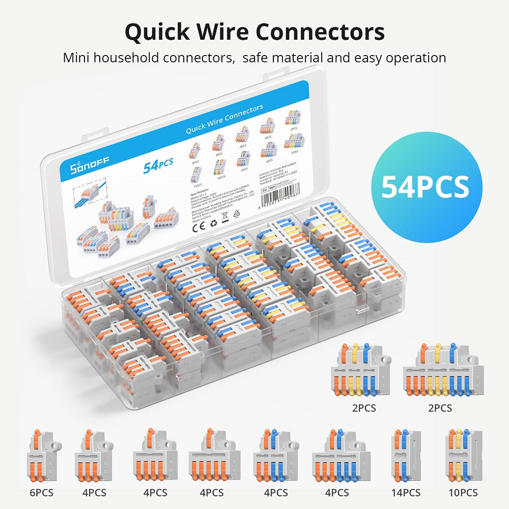 Sonoff Quick Wire Connectors (54 pcs) - These colour coded quick wire connectors make joining wires easier, faster, and far less fiddly than with traditional screw terminals or soldering. 