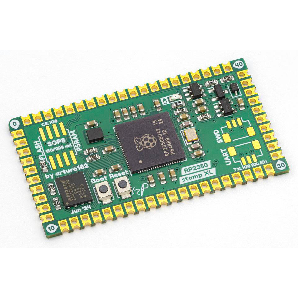 RP2350 Stamp XL - A hand-solderable RP2350B module with 16MB FLASH, LiPo charging, reset/boot buttons, and all GPIO broken out.