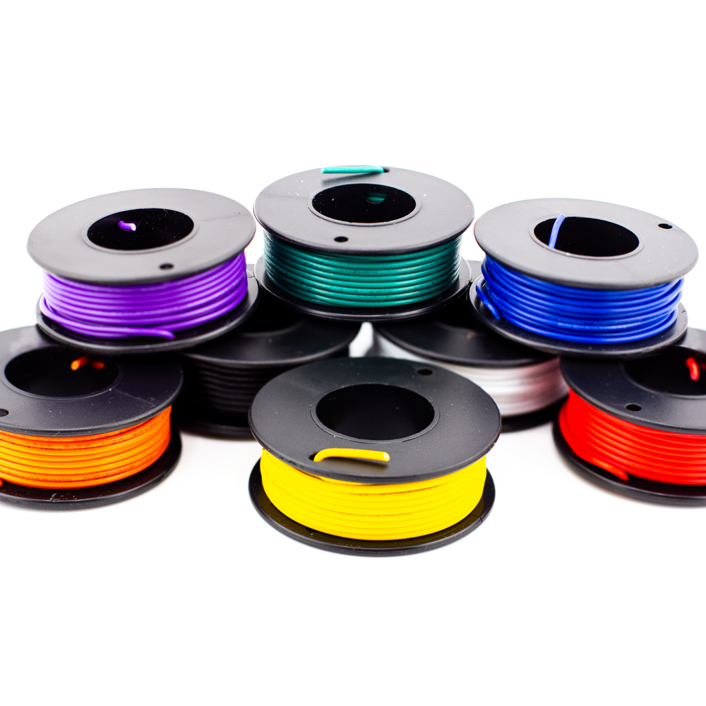 Wire Spools (pack of 8, assorted colours) - 60m (8 x 7.5m) of solid core 22 AWG wire in a useful selection of colours - red, orange, yellow, green, blue, purple, black and white!