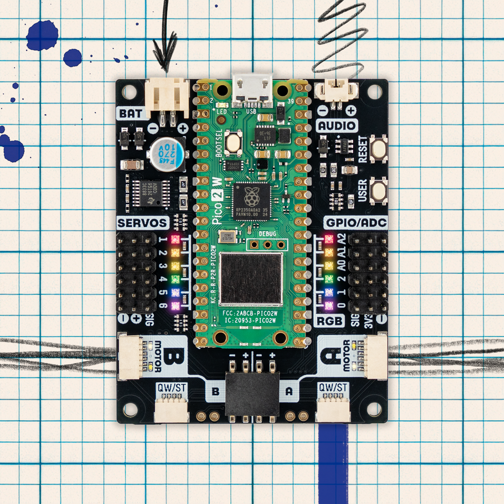 Inventor 2350 W (Pico 2 W Aboard) - An all-in-one board for making battery powered contraptions that can move, (optionally) make noise, and talk to the internet!