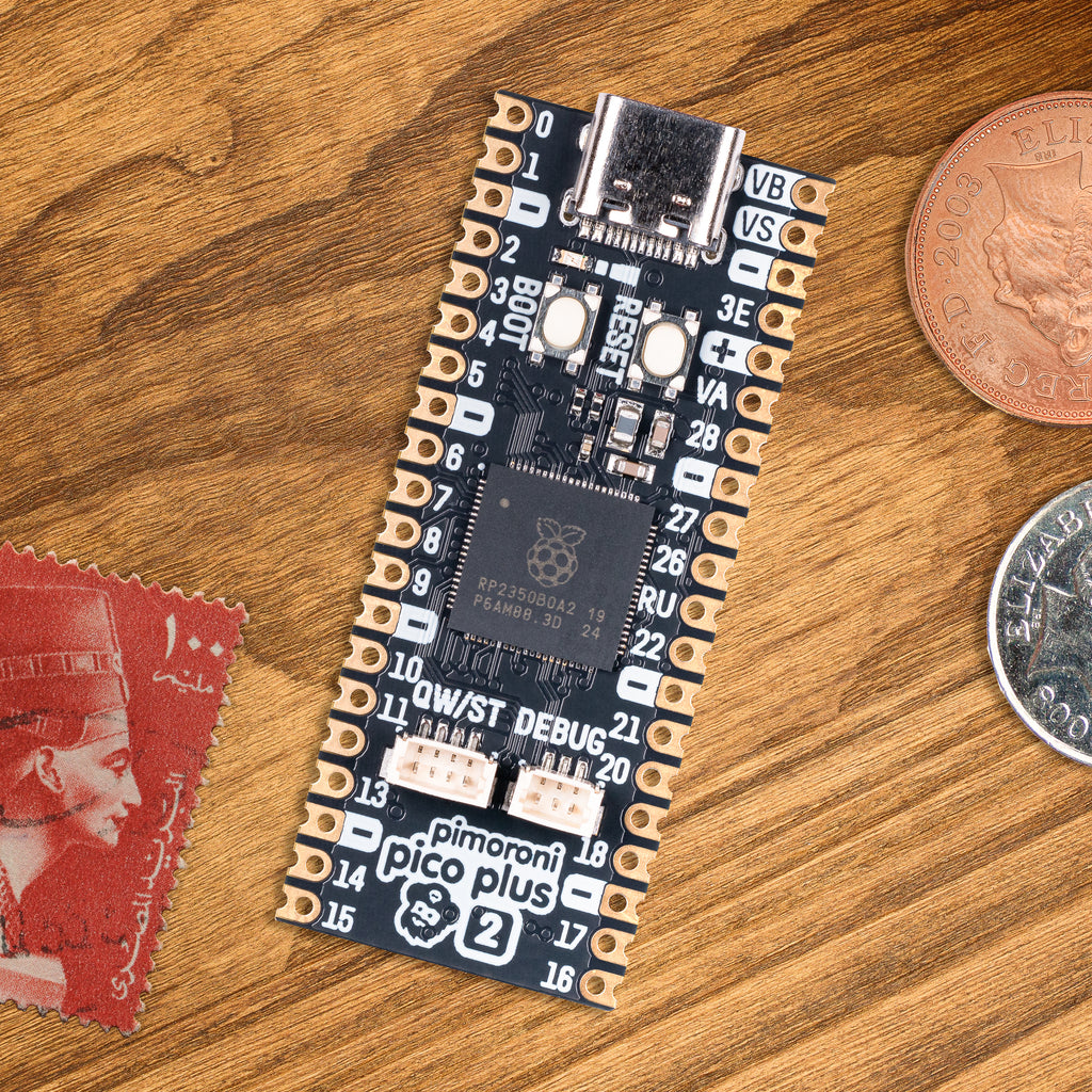 Pimoroni Pico Plus 2 - A top of the line Pirate-brand RP2350 microcontroller with 16MB of flash memory, 8MB of PSRAM, USB-C, Qw/ST and debug connectors.