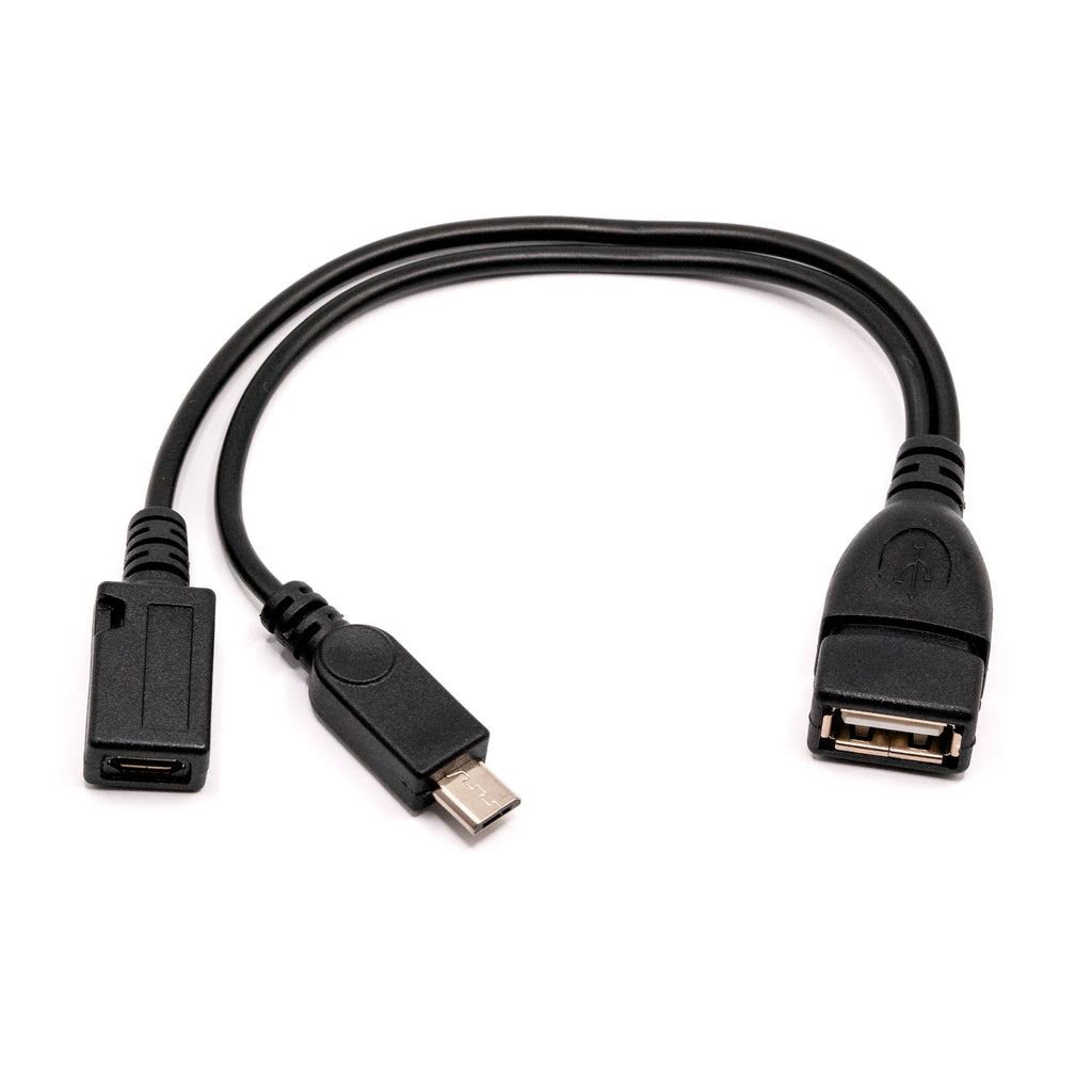 Micro-USB Socket to Plug and USB-A Socket Adapter (Accessory Injector) - This hacky adapter cable lets you connect a keyboard, game controller or other USB accessory to a micro-USB host device (like a Raspberry Pi Pico), whilst supplying power at the same time. 