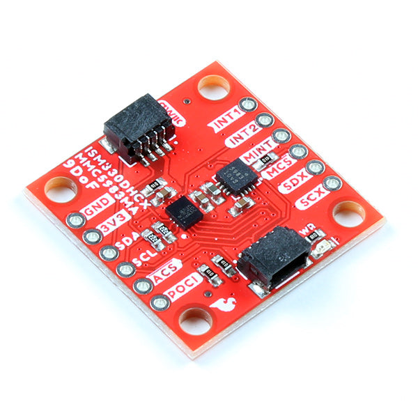 SparkFun 9DoF IMU Breakout - ISM330DHCX, MMC5983MA (Qwiic) - The SparkFun Qwiic 9DoF IMU Breakout combines the high-performance ISM330DHCX 3D digital accelerometer and gyroscope from STMicroelectronics with the highly sensitive MMC5983MA triple-axis magnetometer by MEMSIC to give you an ultra powerful and easy to use Qwiic enabled breakout board.