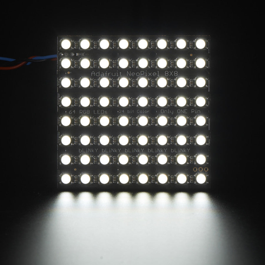 Adafruit NeoPixel NeoMatrix - 64 RGBW - Put on your sunglasses before wiring up this LED matrix - 64 eye-blistering RGBW LEDs adorn the NeoMatrix for a blast of configurable color and white. Arranged in an 8x8 matrix, each pixel is individually addressable. Only one microcontroller pin is required to control all the LEDs, and you get 24 bit color for each LED.