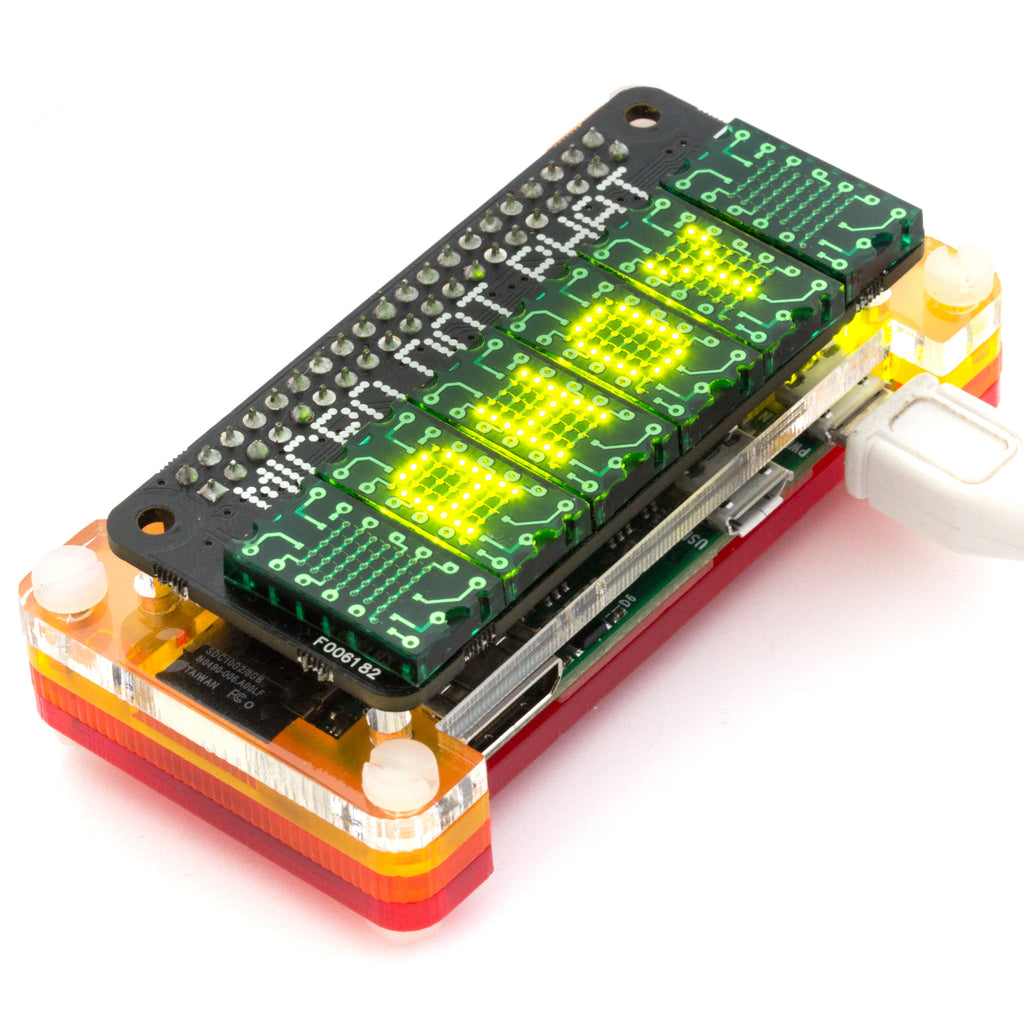 Micro Dot pHAT - An unashamedly old school LED matrix display board, made up of six LED matrices each 5x7 pixels (for an effective display area of 30x7) plus a decimal point, using the beautiful little Lite-On LTP-305 matrices.