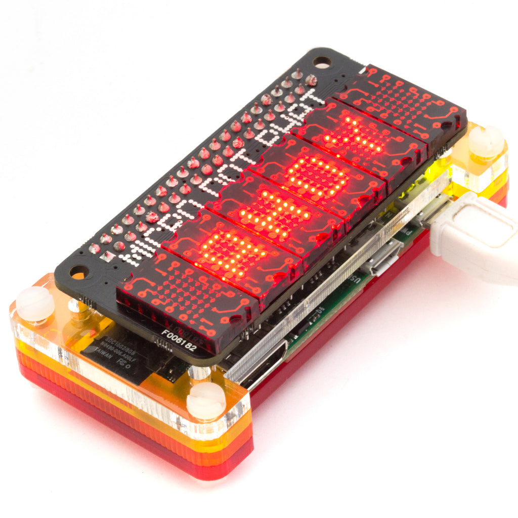 Micro Dot pHAT - An unashamedly old school LED matrix display board, made up of six LED matrices each 5x7 pixels (for an effective display area of 30x7) plus a decimal point, using the beautiful little Lite-On LTP-305 matrices.