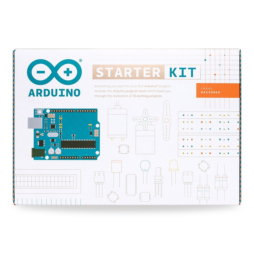 Arduino Starter Kit - The Starter Kit is a great way to get started with Arduino, coding and electronics! The Starter Kit includes the components you need to make 15 fun projects following the step-by-step tutorials on the Project Book.